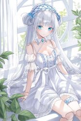 1girl absurdres bare_shoulders blue_bow blue_eyes blunt_bangs blush bow breasts bridal_garter center_frills cleavage closed_mouth commentary curtains day detached_sleeves doll_joints double_bun dress expressionless frills grey_hair hair_bun highres indoors jewelry joints lace_trim long_hair looking_at_viewer m1yu maid_headdress original pendant plant ribbon see-through_clothes see-through_sleeves sitting sleeve_ribbon sleeveless sleeveless_dress small_breasts solo very_long_hair waist_ribbon white_dress white_ribbon window