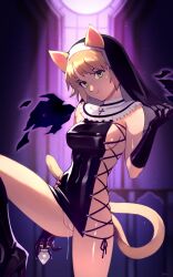 Rule 34 | 1girl, animal ears, blonde hair, breasts, butt plug, cat ears, cat tail, cleft of venus, cross-laced clothes, elbow gloves, frills, gloves, green eyes, habit, highres, looking at viewer, mini wings, nun, optionaltypo, original, pussy, pussy juice, sapphicneko (sapphicneko), sex toy, sideboob, skindentation, smile, solo, tail, wings