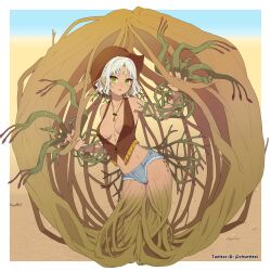 Rule 34 | 1girl, alraune, artist name, breasts, brown background, brown vest, commission, cowboy hat, cowboy western, dark-skinned female, dark skin, fingernails, full body, green eyes, grey hair, hat, highres, kizuta (barometz), looking at viewer, medium breasts, micro shorts, monster girl, multicolored background, open mouth, original, outdoors, plant girl, pointy ears, sharp fingernails, short hair, shorts, skeb commission, solo, twitter username, vest, yellow background