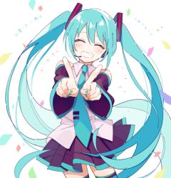 Rule 34 | +++, 1girl, 4 (nakajima4423), :d, ^ ^, black skirt, blue hair, blue nails, blue necktie, closed eyes, confetti, cowboy shot, detached sleeves, fingernails, happy, hatsune miku, head tilt, index finger raised, long hair, nail polish, necktie, open mouth, outstretched arms, shirt, simple background, skirt, smile, solo, thighhighs, thighs, translation request, twintails, upper body, very long hair, vocaloid, white background, white shirt