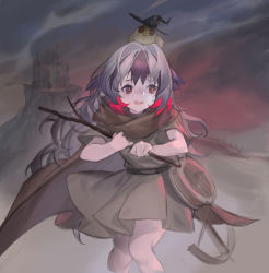 Rule 34 | 1girl, animal, animal on head, arknights, bird, bird on head, black hair, bow (weapon), brown cape, brown dress, brown eyes, cape, cloud, cloudy sky, colored tips, crossbow, dress, feet out of frame, fengyin shici guozi, grey hair, hair intakes, hat, highres, holding, holding stick, knees together feet apart, long hair, multicolored hair, official alternate costume, on head, outdoors, red hair, sky, snowsant (arknights), snowsant (fated hero) (arknights), solo, standing, stick, two-tone hair, weapon, witch hat