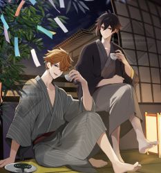 Rule 34 | 2boys, architecture, arm support, artist name, barefoot, bath yukata, black jacket, blue eyes, brown eyes, brown hair, brown kimono, choko (cup), collarbone, colored tips, crossed bangs, cup, earrings, east asian architecture, feet, full body, genshin impact, gradient hair, grey kimono, hair between eyes, hand up, haori, head tilt, highres, holding, holding cup, jacket, japanese clothes, jewelry, kimono, lantern, long hair, long sleeves, looking at viewer, low ponytail, male focus, mmmgnsn, multicolored hair, multiple boys, night, night sky, open mouth, orange hair, outdoors, ponytail, short hair, shouji, single earring, sitting, sky, sliding doors, smile, star (sky), starry sky, striped clothes, striped kimono, tartaglia (genshin impact), tree, twitter username, wide sleeves, yukata, zhongli (genshin impact)