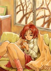Rule 34 | 1girl, blanket, cup, legs, red hair, solo