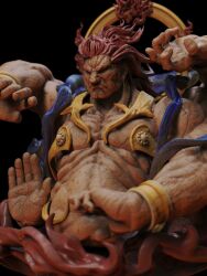 Rule 34 | 1boy, 3d, akuma (street fighter), cropped torso, extra arms, fiery hair, figure, fire, frown, halo, halo behind head, highres, hubai (f mandelbrot), large hands, looking ahead, looking at viewer, male focus, muscular, muscular male, pectorals, photo (medium), red hair, solo, street fighter, three quarter view, wrinkled skin