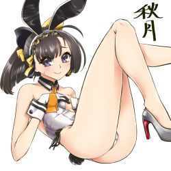 Rule 34 | 1girl, adapted costume, ahoge, akizuki (kancolle), animal ears, bare legs, black hair, bow, bowtie, character name, commentary request, detached collar, fake animal ears, grey eyes, high heels, kantai collection, leotard, looking at viewer, neckerchief, playboy bunny, ponytail, rabbit ears, rabbit tail, silver footwear, simple background, smile, solo, strapless, strapless leotard, tail, two-tone gloves, udukikosuke, white background, white leotard, wrist cuffs, yellow neckwear