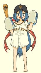 Rule 34 | 1girl, :d, barefoot, baseball cap, beige background, black hat, blue eyes, blue hair, blush stickers, bow, commentary request, fukada ichika, full body, hair between eyes, hand puppet, hands up, hat, highres, holding, long hair, looking at viewer, nippon professional baseball, open mouth, original, puppet, red bow, sharp teeth, shirt, short sleeves, simple background, smile, solo, sportswear, standing, striped, striped bow, teeth, very long hair, white shirt, wide sleeves, yomiuri giants, yukimoto shuuji (gurigura)