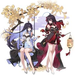 Rule 34 | 2girls, ahoge, bare legs, bare shoulders, black dress, black footwear, black hair, branch, breasts, chinese clothes, chinese new year, cleavage, colored inner hair, commentary, detached sleeves, dress, dual persona, earrings, egasumi, english commentary, food, ginkgo tree, gloves, holding, holding food, holding lamp, honkai (series), honkai impact 3rd, jewelry, legs, long hair, long sleeves, looking at another, medium breasts, multicolored hair, multiple girls, official art, parted lips, red gloves, red hair, seele (alter ego), seele vollerei, seele vollerei (herrscher of rebirth), sharing food, single earring, sitting, smile, standing, swing, thigh strap, transparent background, tree, v-shaped eyebrows, white dress, white gloves