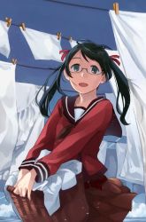 Rule 34 | 1girl, basket, bed sheet, bespectacled, black hair, blue sky, brown sailor collar, brown serafuku, brown skirt, clothesline, cloud, commentary request, contrail, day, glasses, grey eyes, kantai collection, laundry, long hair, looking at viewer, makio (makiomeigenbot), mikuma (kancolle), outdoors, pleated skirt, sailor collar, school uniform, serafuku, skirt, sky, smile, solo, twintails