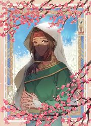 Rule 34 | 1girl, arabian clothes, brown eyes, brown hair, cherry blossoms, choker, earrings, fate/grand order, fate (series), flower, gloves, green robe, headband, highres, jewelry, long hair, mask, mouth veil, necklace, own hands together, parted bangs, partially fingerless gloves, reion (rei leeyu), robe, see-through, siduri (fate), smile, standing, veil