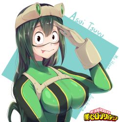 Rule 34 | 1girl, :&gt;, absurdres, asui tsuyu, beige gloves, black eyes, black hair, blush, bodysuit, boku no hero academia, breasts, character name, commentary, copyright name, covered erect nipples, english text, frog girl, gloves, goggles, goggles on head, green hair, hair between eyes, hair rings, highres, large breasts, long hair, looking at viewer, lovesexieie, low-tied long hair, simple background, smile, solo, tongue, tongue out, upper body