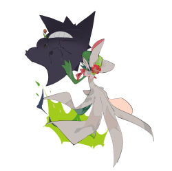Rule 34 | 1girl, absurdres, apios, blush, bob cut, bonnet, capelet, clenched teeth, closed eyes, clothed pokemon, colored skin, creatures (company), female focus, flower, from above, game freak, gardevoir, gardevoir (fashionable), gen 1 pokemon, gen 3 pokemon, gengar, green hair, green skin, hand up, hat, hat flower, highres, holding, holding flower, lying, multicolored skin, nintendo, on back, on side, pink trim, pokemon, pokemon (creature), pokemon unite, red flower, red rose, rose, short hair, simple background, sweat, teeth, two-tone skin, u u, white background, white capelet, white headwear, white skin
