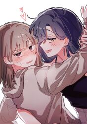 Rule 34 | 2girls, arm grab, blue hair, blush, bright pupils, brown eyes, brown hair, commentary, dark blue hair, ear piercing, earrings, fang, heart, highres, hood, hood down, jewelry, long hair, long sleeves, looking at viewer, mole, mole under eye, multiple girls, nose blush, open mouth, original, piercing, symbol-only commentary, twitter username, upper body, white background, white pupils, wo habum, yellow eyes, yuri