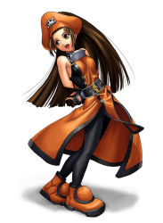 Rule 34 | 1girl, arc system works, brown eyes, brown hair, fingerless gloves, gloves, guilty gear, hat, long hair, may (guilty gear), micchii (mitchiee), mitchiee, orange hat, orange shirt, pantyhose, pirate hat, shirt, skull and crossbones, solo