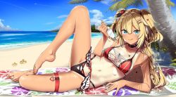Rule 34 | 1girl, :q, absurdres, akai haato, akai haato (gothic lolita), armpit crease, bad id, bad twitter id, bare arms, bare legs, bare shoulders, barefoot, beach, bikini, blonde hair, blue eyes, blue sky, bow, choker, cloud, collarbone, commentary request, crab, cream on body, day, gluteal fold, hair between eyes, hair bow, hair ornament, hairclip, heart, heart necklace, highleg, highleg bikini, highleg swimsuit, highres, hololive, jewelry, licking lips, long hair, lying, midriff, navel, necklace, ocean, on side, one-piece tan, outdoors, palm tree, pastry bag, sand, shinomu (cinomoon), simple background, sky, smile, solo, spread legs, swimsuit, tan, tanline, thigh strap, tongue, tongue out, tree, two side up, virtual youtuber