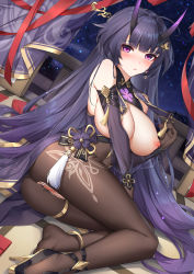 Rule 34 | 1girl, absurdres, ahoge, anklet, ass, bare shoulders, blush, bodystocking, breasts, breasts out, brown gloves, brown pantyhose, cleavage, closed mouth, detached sleeves, dutch angle, glasses, gloves, gold trim, hair ornament, hairpin, high heels, highres, honkai (series), honkai impact 3rd, horns, jewelry, large breasts, long hair, long sleeves, looking at viewer, nipples, oni horns, pantyhose, purple eyes, purple hair, pussy, raiden mei, raiden mei (herrscher of thunder), revealing clothes, semi-rimless eyewear, sitting, solo, thighlet, thighs, torn clothes, torn pantyhose, under-rim eyewear, very long hair, wu ganlan cai, yokozuwari