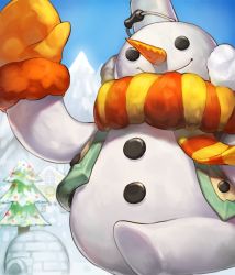 Rule 34 | alternate costume, artist request, black eyes, bucket, bucket on head, building, card (medium), carrot, chaos online, christmas tree, christmas wreath, day, earmuffs, igloo, mittens, no humans, object on head, official art, outdoors, running, scarf, sky, smile, snow shelter, snowman, solo, stonecold (chaos online), winter, wreath