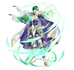 Rule 34 | 1boy, armor, attack, blue cape, book, cape, ced (ascendant) (fire emblem), ced (fire emblem), energy, fire emblem, fire emblem: genealogy of the holy war, fire emblem: thracia 776, fire emblem heroes, full body, green eyes, green hair, holding, holding book, male focus, matching hair/eyes, nintendo, official art, open mouth, outstretched arm, outstretched hand, short hair, shoulder armor, solo, v-shaped eyebrows, white background, white cape, wind