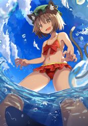 Rule 34 | 1girl, air bubble, animal ears, bikini, bikini skirt, breasts, brown hair, bubble, cat ears, cat tail, chen, cloud, day, drooling, earrings, fang, feet out of frame, from below, front-tie top, hat, highres, jewelry, mamemochi, midriff, mob cap, multiple tails, navel, partially submerged, partially underwater shot, red bikini, short hair, single earring, skin fang, sky, small breasts, swimsuit, tail, touhou, two tails, underwater, wading, yellow eyes
