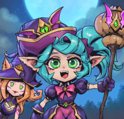 Rule 34 | 2girls, :d, :o, bewitching neeko, bewitching poppy, blonde hair, bow, bowtie, breasts, cleavage, commentary, facial mark, fang, gloves, green eyes, green hair, hat, holding, holding staff, league of legends, long hair, medium breasts, moon, multicolored background, multiple girls, neeko (league of legends), night, open mouth, outdoors, pants, phantom ix row, pink bow, pink bowtie, pink pants, pointy ears, poppy (league of legends), puffy short sleeves, puffy sleeves, purple gloves, purple headwear, short sleeves, smile, staff, symbol-only commentary, teeth, tree, upper teeth only, whisker markings, witch hat