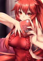 Rule 34 | 1girl, aran sweater, backless dress, backless outfit, bare shoulders, breasts, cable knit, cellphone, closed mouth, door, dress, elesis (elsword), elsword, elsword (character), fi-san, fingernails, hair between eyes, halterneck, hand on own chest, hands up, holding, holding phone, indoors, large breasts, light smile, long hair, looking at viewer, meme attire, no bra, phone, ponytail, red dress, red eyes, red hair, red sweater, ribbed sweater, selfie, sideboob, sidelocks, sleeveless, sleeveless turtleneck, smartphone, smile, solo, sweater, sweater dress, turtleneck, turtleneck sweater, upper body, virgin killer sweater