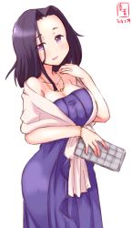Rule 34 | 1girl, artist logo, bare shoulders, breasts, cleavage, commentary request, dated, dress, hair intakes, highres, holding, holding wallet, jewelry, kanon (kurogane knights), kantai collection, looking at viewer, medium hair, necklace, purple dress, purple eyes, purple hair, shawl, simple background, solo, tatsuta (kancolle), tatsuta kai ni (kancolle), wallet, white background