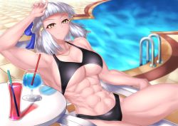 Rule 34 | 1girl, abs, armpits, arms up, bikini, black bikini, blunt bangs, bow, breasts, cup, drink, drinking straw, fate/grand order, fate (series), glass, hair bow, large breasts, muscular, muscular female, parted lips, penthesilea (fate), pool, silver hair, solo, swimsuit, tropical drink, underboob, yellow eyes