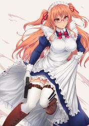 Rule 34 | 1girl, absurdres, apron, boots, bow, bowtie, breasts, brown eyes, brown footwear, detached sleeves, dress, frills, garter straps, glasses, gloves, gun, handgun, highres, holding, holster, juliet sleeves, large breasts, leg up, long hair, long sleeves, looking at viewer, maid, maid apron, maid headdress, orange hair, original, parted lips, puffy sleeves, serious, short twintails, sidelocks, simple background, solo, thigh holster, thighhighs, toriatto gununu, twintails, two side up, weapon, white gloves, white thighhighs