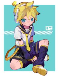 1boy aqua_background aqua_eyes arm_warmers black_arm_warmers black_leg_warmers black_sailor_collar black_shorts blonde_hair border closed_mouth crossed_legs full_body headset kagamine_len leg_warmers looking_at_viewer male_focus necktie outside_border s1ho_(ukiy0u0) sailor_collar sailor_shirt shirt shoes short_sleeves shorts sitting solo vocaloid white_border white_shirt yellow_necktie