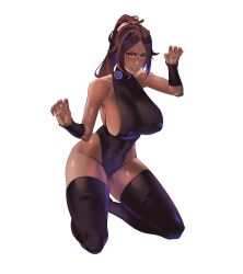 Rule 34 | 1girl, absurdres, black leotard, black thighhighs, bleach, breasts, brown hair, commentary, dark-skinned female, dark skin, english commentary, full body, high ponytail, highres, huge breasts, kneeling, leotard, long hair, mul illust, paw pose, shihouin yoruichi, shiny skin, sideboob, simple background, solo, thighhighs, white background