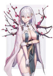 Rule 34 | 1girl, absurdres, artist request, azur lane, braid, branch, breast curtains, breasts, cherry blossoms, china dress, chinese clothes, dress, flower, garter straps, gloves, grey dress, hair flower, hair ornament, half gloves, highres, large breasts, mac star, medium hair, neckwear between breasts, official alternate costume, pelvic curtain, red eyes, revealing clothes, see-through, see-through sleeves, side braid, simple background, sirius (azur lane), sirius (azure horizons) (azur lane), solo, thighhighs, white gloves, white hair, white thighhighs