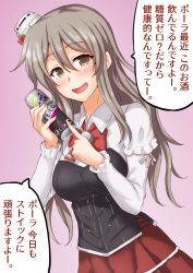 Rule 34 | 1girl, anti (untea9), bow, bowtie, brown eyes, commentary request, corset, cowboy shot, grey hair, hair between eyes, hat, highres, kantai collection, long hair, looking at viewer, mini hat, miniskirt, open mouth, pointing, pola (kancolle), purple background, red skirt, shirt, skirt, smile, solo, strong zero, twitter username, wavy hair, white shirt