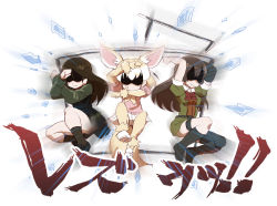 Rule 34 | 10s, 3girls, animal ears, belt, black footwear, black socks, blonde hair, broken glass, brown hair, chaki (teasets), chikuma (kancolle), closed mouth, crossed arms, crossover, emphasis lines, fennec (kemono friends), fox ears, fox tail, girls und panzer, glass, green shirt, green skirt, kantai collection, kemono friends, kneehighs, loafers, long hair, long sleeves, multiple girls, nonna (girls und panzer), pink sweater, pleated skirt, shaded face, shirt, shoes, short sleeves, skirt, smile, socks, sweater, tail, translation request, white background, white skirt