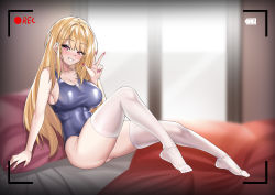 Rule 34 | 1girl, absurdres, barbell piercing, bed, blonde hair, blue one-piece swimsuit, breasts, curtains, ear piercing, fingernails, gyaru, highres, industrial piercing, kitagawa marin, kogal, large breasts, long fingernails, long hair, looking at viewer, nail polish, one-piece swimsuit, piercing, pillow, pink hair, recording, red eyes, school swimsuit, sitting, solo, sono bisque doll wa koi wo suru, swimsuit, thighhighs, tufang, v, viewfinder, white thighhighs, window