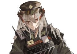 Rule 34 | 1girl, arknights, bad id, bad pixiv id, black hat, blood, blood from mouth, blood on face, bulletproof vest, closed mouth, collared shirt, commentary request, dragon horns, english text, green shirt, hat, highres, horns, id card, long hair, looking away, military hat, official alternate costume, orange eyes, saria (arknights), saria (the law) (arknights), shirt, sideways glance, silver hair, simple background, solo, tokinhr, upper body, walkie-talkie, white background