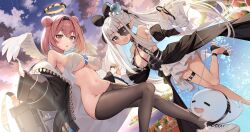 Rule 34 | 2girls, :d, :o, bare legs, bare shoulders, black choker, black dress, black jacket, breasts, brown pantyhose, choker, crop top, crop top overhang, detached sleeves, double bun, dress, eyepatch, goddess paradise, hair bun, halo, high heels, highres, jacket, juliet sleeves, large breasts, leg up, long hair, long sleeves, looking at viewer, medium breasts, midriff, multiple girls, navel, necktie, no bra, off shoulder, open clothes, open jacket, open mouth, oryo (oryo04), pantyhose, pink eyes, pink hair, pointy ears, puffy sleeves, red eyes, revealing clothes, shirt, short hair, short necktie, sleeveless, sleeveless shirt, slit pupils, smile, stomach, thigh strap, thighs, two side up, underboob, very long hair, white hair, white shirt