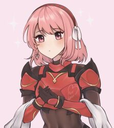 Rule 34 | 1girl, armor, breastplate, fire emblem, fire emblem engage, hairband, highres, lapis (fire emblem), medium hair, nintendo, pink eyes, pink hair, purrlucii, red armor, ribbon, solo, two-tone hairband, white ribbon