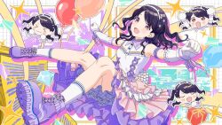 Rule 34 | &gt; &lt;, 1girl, ankle boots, balloon, bare shoulders, black hair, blush, boots, box, breasts, chibi, clenched hands, closed eyes, collared dress, diamond (shape), dress, elbow gloves, fangs, frilled dress, frills, fukumaru koito, gift, gift box, gloves, hair ornament, hairband, hairclip, idolmaster, idolmaster shiny colors, long hair, looking at viewer, official alternate costume, official alternate hairstyle, official art, open mouth, outstretched arms, purple eyes, purple footwear, ribbon, skin fangs, skirt, sleeveless, small breasts, smile, socks, solo, sparkle, swept bangs, too many, too many frills, two side up, u u, wavy hair, white gloves, white hairband, white socks, wrist cuffs