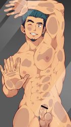 Rule 34 | 1boy, abs, against glass, armpits, bacchikoi!, bara, censored, coach, completely nude, dark-skinned male, dark skin, facial hair, flaccid, foreskin, forked eyebrows, hand on glass, highres, male focus, mazjojo, muscular, muscular male, nipples, nude, pectorals, pectoral press, pectorals on glass, penis, solo, tadano genji, teacher, testicles, thighs, wallpaper