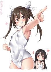 Rule 34 | 2girls, alternate costume, armpits, bare shoulders, black eyes, black hair, blush, breasts, brown hair, chikuma (kancolle), collarbone, covered navel, cowboy shot, ebifurya, covered erect nipples, grin, hair between eyes, hair ribbon, heart, highres, kantai collection, large breasts, long hair, looking at another, looking to the side, multiple girls, one-piece swimsuit, outstretched arm, pointing, ribbon, school swimsuit, simple background, small breasts, smile, spoken heart, swimsuit, thighs, tone (kancolle), twintails, twitter username, upper body, white background, white school swimsuit, white one-piece swimsuit