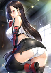 Rule 34 | 1girl, ass, asymmetrical bangs, black gloves, black hair, black skirt, black thighhighs, blush, breasts, cameltoe, commentary request, crop top, crop top overhang, earrings, elbow gloves, elbow pads, final fantasy, final fantasy vii, final fantasy vii remake, finger to own chin, fingerless gloves, from behind, gloves, jewelry, large breasts, lips, long hair, looking back, low-tied long hair, mitarashi kousei, panties, parted lips, pencil skirt, red eyes, red gloves, signature, skindentation, skirt, solo, sparkle, sports bra, square enix, suspenders, tank top, thighhighs, tifa lockhart, underwear, upskirt, very long hair, white panties, white tank top