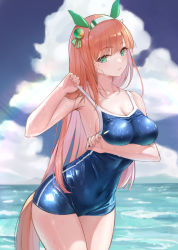 Rule 34 | 1girl, alternate breast size, amco, animal ears, arm under breasts, beach, blue one-piece swimsuit, breasts, cleavage, clothes pull, competition swimsuit, green eyes, highres, horse ears, horse girl, horse tail, medium breasts, one-piece swimsuit, one-piece swimsuit pull, orange hair, outdoors, silence suzuka (umamusume), skin tight, solo, strap pull, swimsuit, tail, thighs, umamusume, wet, wet clothes