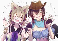 Rule 34 | 2girls, :d, ^ ^, bandana, bare arms, bare shoulders, black wings, blue shirt, blush, bracelet, breasts, brown hair, brown headwear, chest tattoo, cleavage, closed eyes, commentary, cowboy hat, facing viewer, grey background, grin, hair between eyes, hands up, hat, headphones, jewelry, kurokoma saki, long hair, multiple girls, off-shoulder shirt, off shoulder, open mouth, pointy hair, shirt, short hair, short sleeves, simple background, sleeveless, smile, symbol-only commentary, syuri22, tattoo, touhou, toyosatomimi no miko, upper body, wings