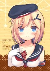 Rule 34 | 1girl, 2016, absurdres, beret, between breasts, blonde hair, blue eyes, blush, breasts, cleavage, closed mouth, collarbone, dated, english text, eyebrows, gift, gloves, hair ornament, hairclip, hat, highres, looking at viewer, medium breasts, portrait, sailor collar, sailor shirt, shenbei xiaoqiu, shirt, short hair, smile, solo, sweatdrop, text focus, warship girls r, white gloves, white shirt, yorktown (warship girls r)