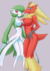 Rule 34 | 2girls, asymmetrical docking, blaziken, blonde hair, blue eyes, blush, breast press, breasts, claws, closed mouth, colored sclera, colored skin, creatures (company), female focus, full body, furry, furry female, game freak, gardevoir, gen 3 pokemon, green hair, green skin, hair over one eye, knees together feet apart, large breasts, looking down, multicolored skin, multiple girls, navel, nayuta takumi, nintendo, no nipples, pokemon, pokemon (creature), purple background, red eyes, short hair, simple background, standing, tail, two-tone skin, white skin, yellow sclera