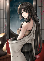 Rule 34 | 10s, 1girl, black eyes, black hair, blush, bow, breasts, commentary request, hair bow, highres, japanese clothes, kamelie, kantai collection, long hair, looking at viewer, off shoulder, rain, shouhou (kancolle), skirt, smile, solo, undressing, very long hair, wide sleeves
