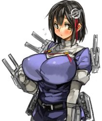 Rule 34 | 10s, 1girl, belt, black hair, blush, breasts, flying sweatdrops, haguro (kancolle), hair ornament, huge breasts, kantai collection, orange eyes, perky breasts, sachito, short hair, short sleeves, simple background, solo, turret, white background