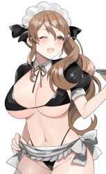 Rule 34 | 1girl, apron, bikini, black bikini, breasts, brown eyes, brown hair, frills, highres, kantai collection, large breasts, littorio (kancolle), long hair, looking at viewer, maid headdress, one eye closed, open mouth, ponytail, puffy short sleeves, puffy sleeves, short sleeves, simple background, smile, solo, swimsuit, thighhighs, toriniku senshi chikinman, waist apron, waitress, wavy hair, white background