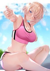 Rule 34 | 1girl, blonde hair, blue eyes, blush, breasts, cleavage, giving, hair between eyes, highres, holding, large breasts, looking at viewer, mole, mole on armpit, mole on breast, neco meito, one eye closed, original, outdoors, parted lips, short hair, shorts, signature, sitting, smile, solo, sports bra, sportswear
