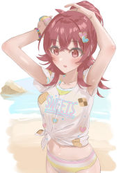 Rule 34 | 1girl, absurdres, adjusting hair, ahoge, arms up, beach, bead bracelet, beads, bikini, bikini bottom only, blush, bracelet, breasts, collarbone, commentary, hair between eyes, hair ornament, heart, heart hair ornament, highres, idolmaster, idolmaster shiny colors, jewelry, komiya kaho, long hair, looking away, medium breasts, midriff, navel, ocean, open mouth, ponytail, print shirt, red eyes, red hair, shirt, short sleeves, solo, striped bikini, striped clothes, swimsuit, tied shirt, umirororo, upper body, white background, white shirt