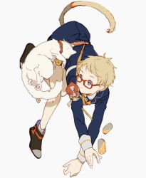 Rule 34 | 10s, 1boy, animal, bell, blonde hair, blue eyes, cat, cat tail, collar, full body, glasses, hakata toushirou, male focus, military, military uniform, neck bell, nineo, personification, red-framed eyewear, shorts, simple background, solo, tail, touken ranbu, uniform